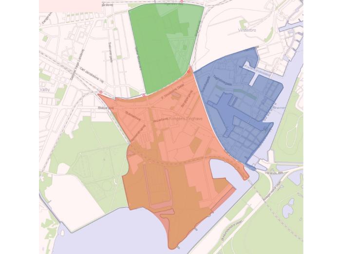 Kort over Sydhavnen inddelt i tre kvarterer: Bavnehøj, Det Gamle Sydhavnen og Holmene